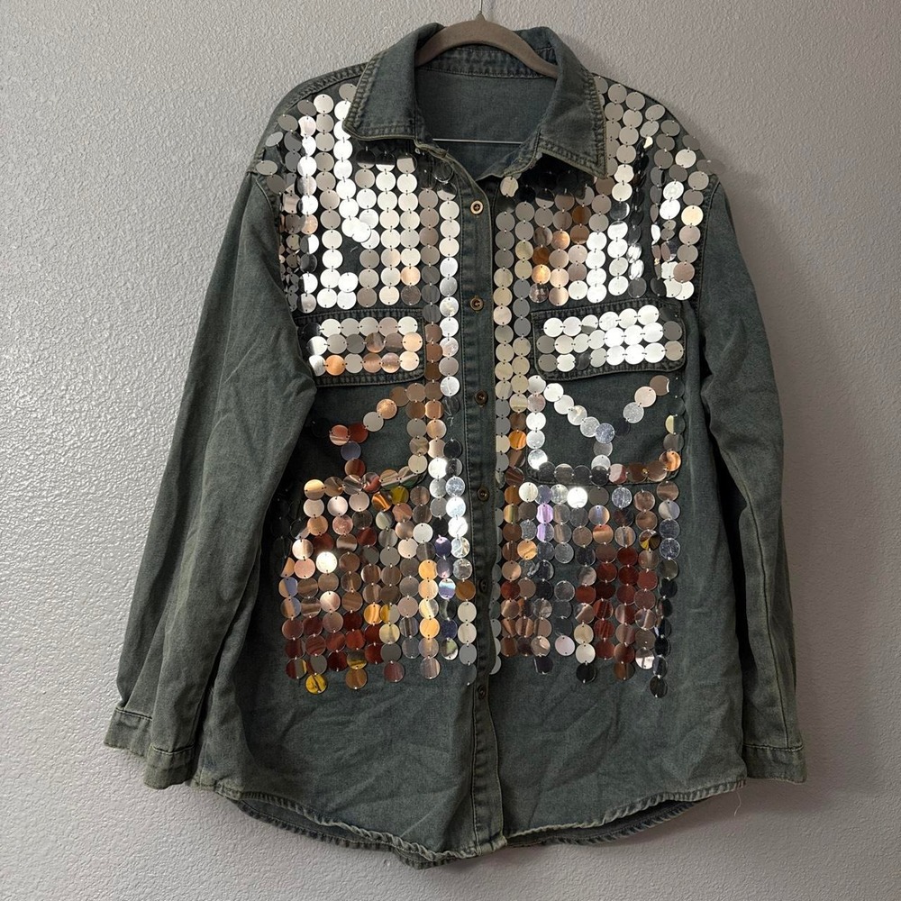 Women's Chic Sequined Denim Blouse Spring Loose Jean Beading Blouse